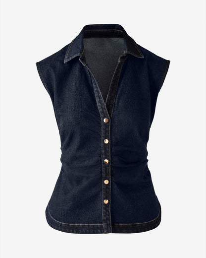 Denim Ruched Cap Sleeve Shirt Dark Rinse