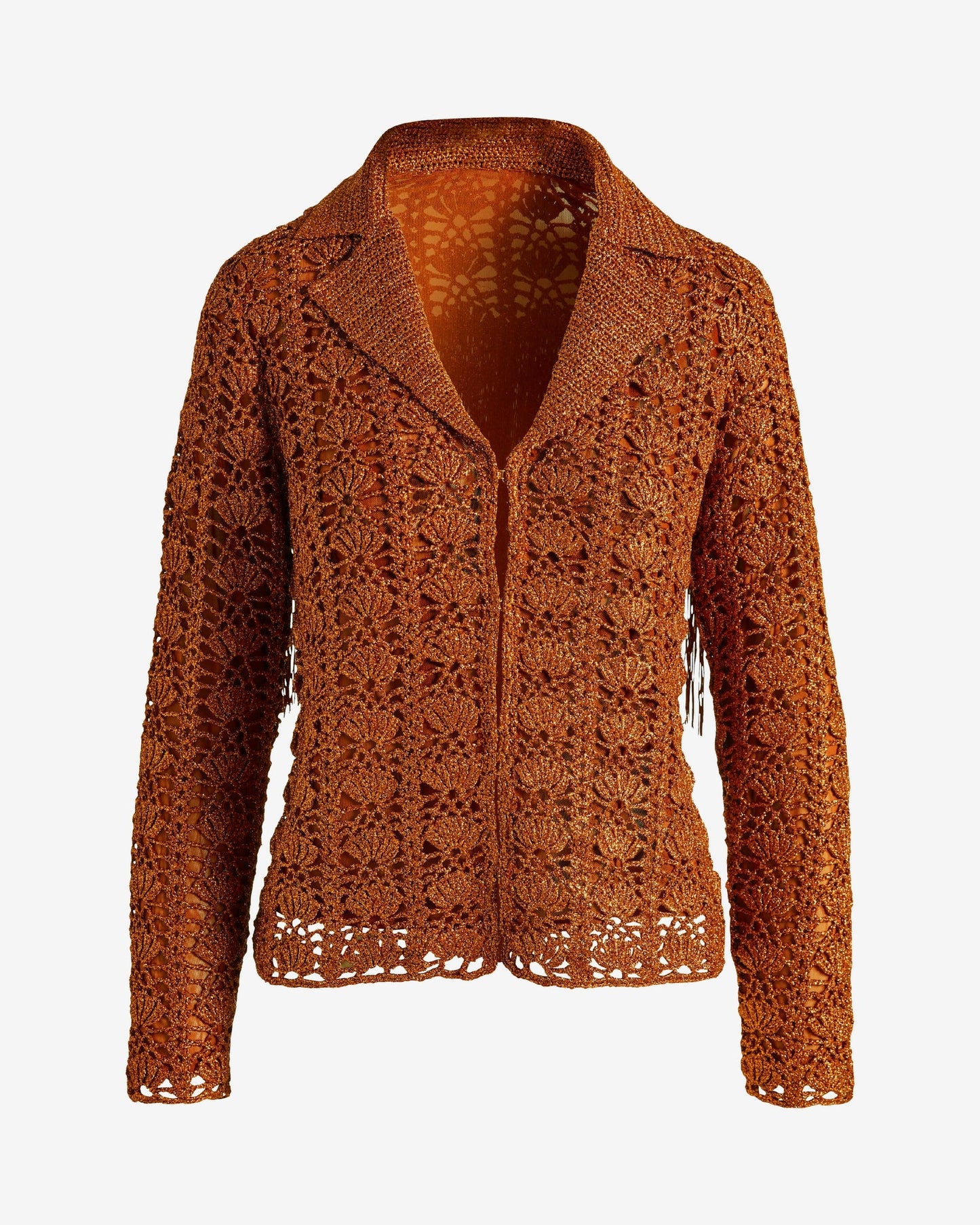Crochet Fringe Collared Sweater Jacket Toffee
