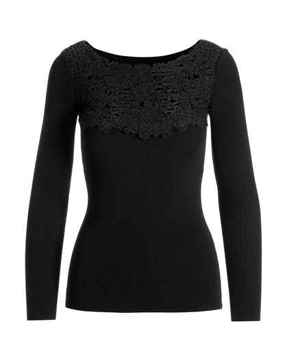 Crochet Detail Rib Sweater Black
