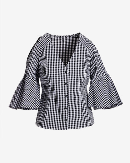 Cold Shoulder Print Button Up Top Black/White Gingham