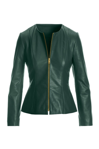 Collarless Peplum Leather Jacket Emerald Green