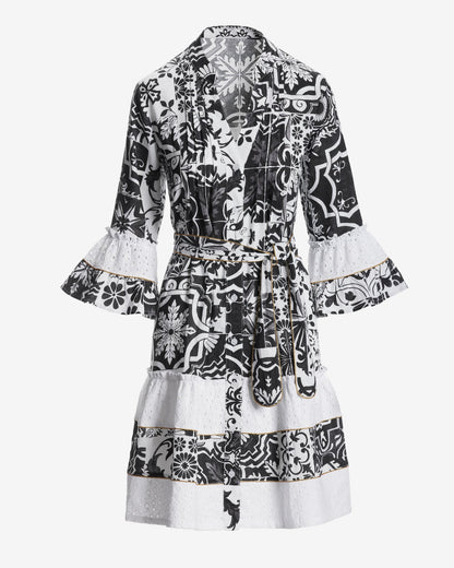 Chic Tiles Print Eyelet-Inset Tiered A-Line Dress Black/White