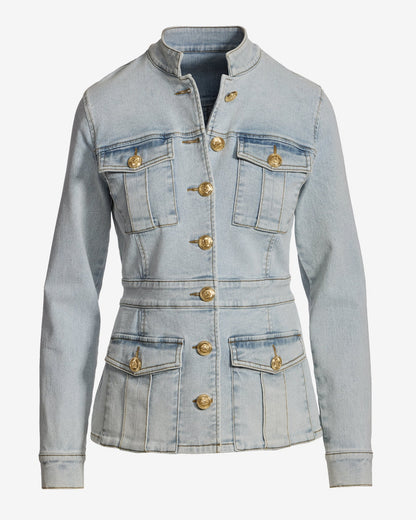 Crest Button Stretch Denim Luxe Utility Jacket Light Wash