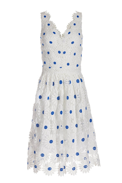 Daisy Lace Fit and Flare Dress White/Blue