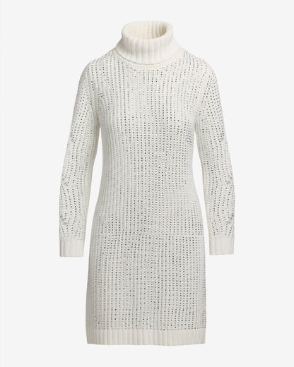 Crystal Embellished Turtleneck Sweater Dress Off White