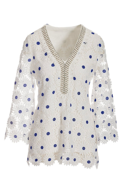 Daisy Lace Embellished Tunic Top White/Blue