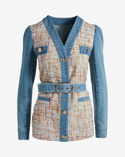 Denim & Tweed Tie Waist Utility Jacket Ultra Light Wash
