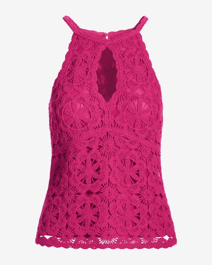Crochet Keyhole High Neck Sweater Tank Raspberry Rose