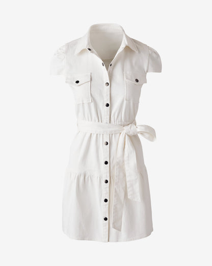 Denim Shirt Dress with Tiers White Denim