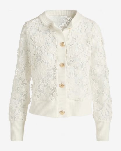 Button Front Lace Sweater Cardigan Off White
