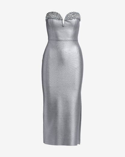 Crystal Embellished Metallic Bandage Midi Dress Silver