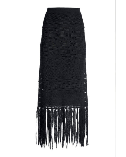 Crochet and Fringe Maxi Skirt Black