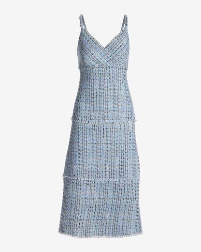 Chic Tweed Midi Dress Light Blue Multi