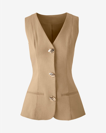 Button Front Stretch Denim Vest Khaki