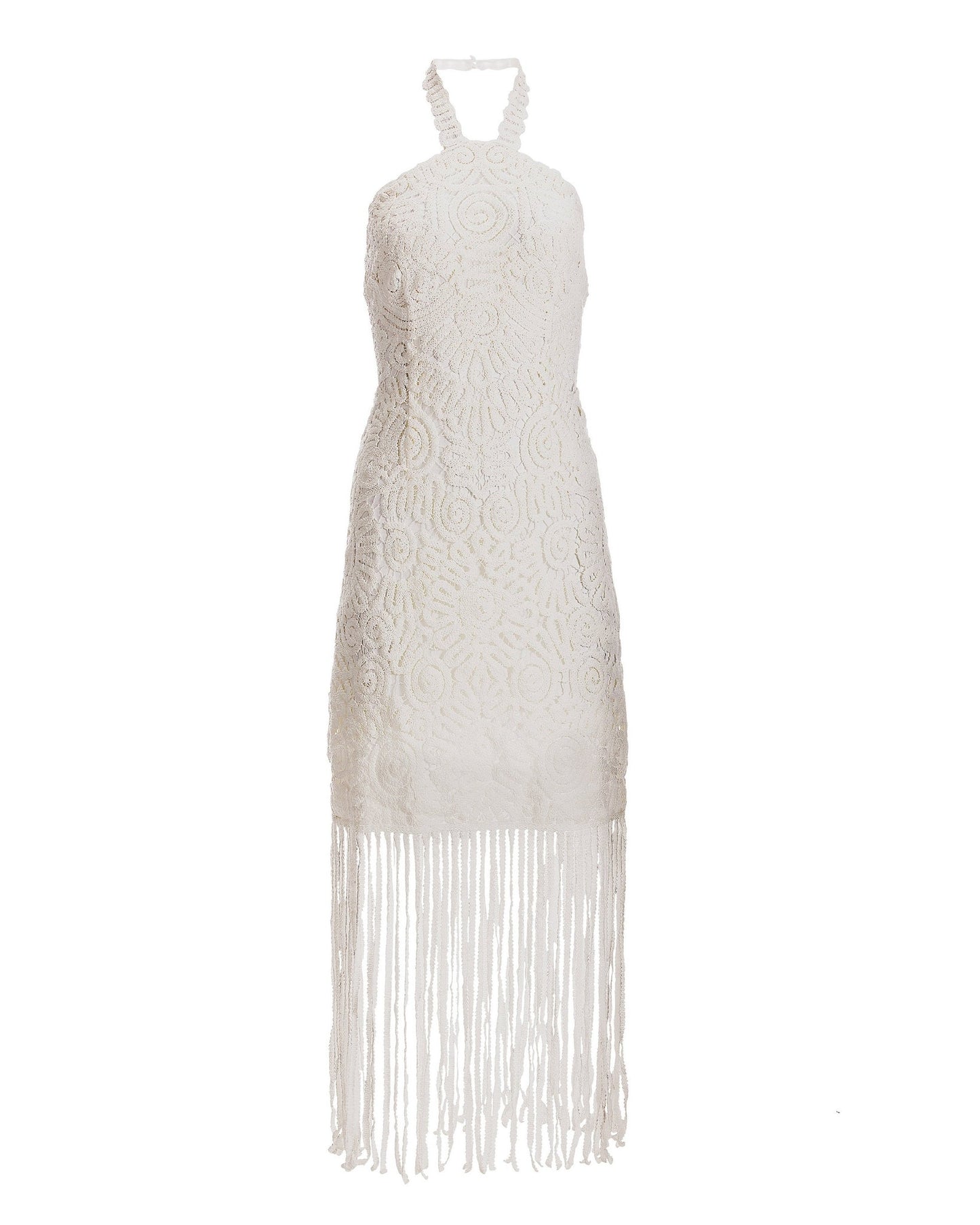 Crochet Fringe Halter Dress White