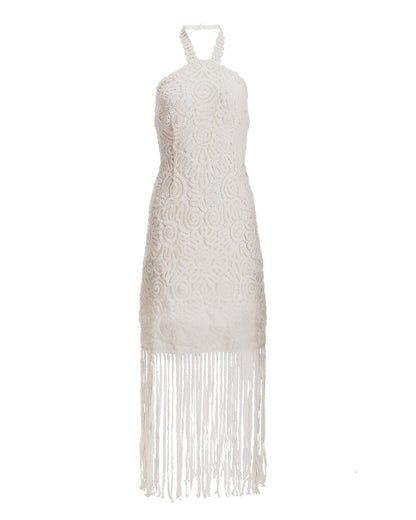 Crochet Fringe Halter Dress White