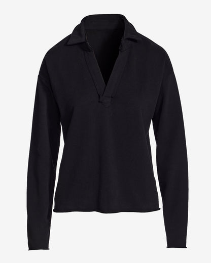 Cotton Comfort Collared V Neck Lounge Sweatshirt Black