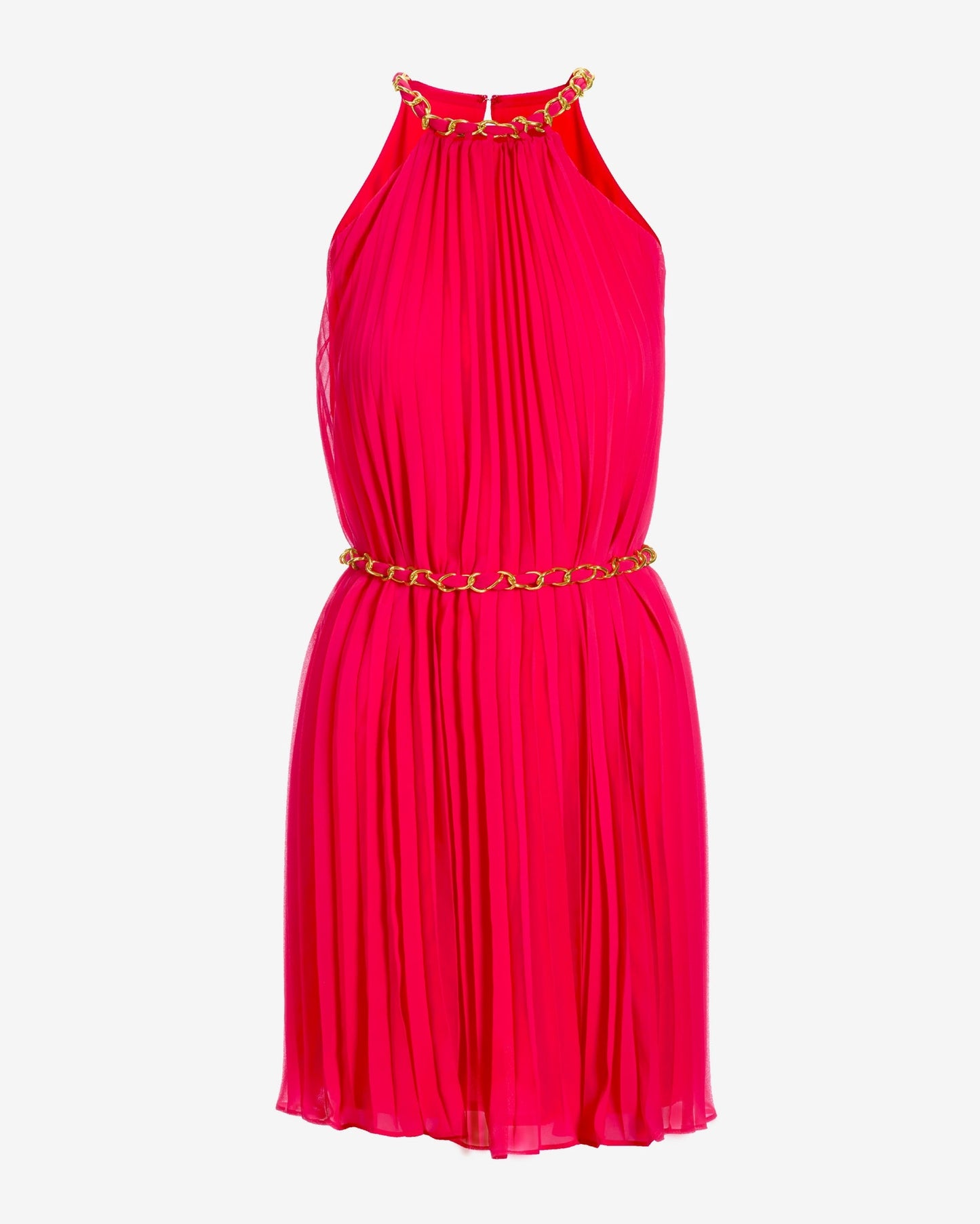 Chain Detail High neck Pleated Fit and Flare Dress Pink
