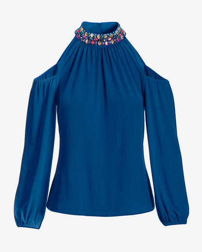 Cold Shoulder Halter Gem Top Lapis Blue
