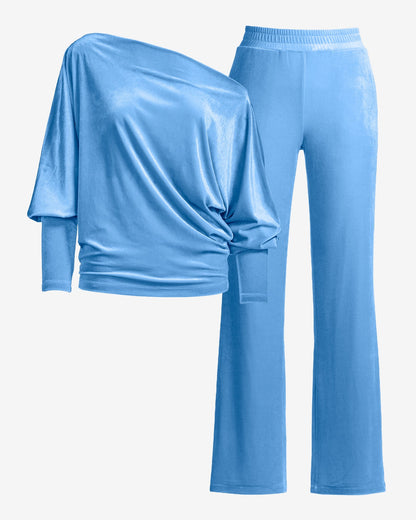 Chic Velour Slouchy and Wide Leg Lounge Set Light Blue
