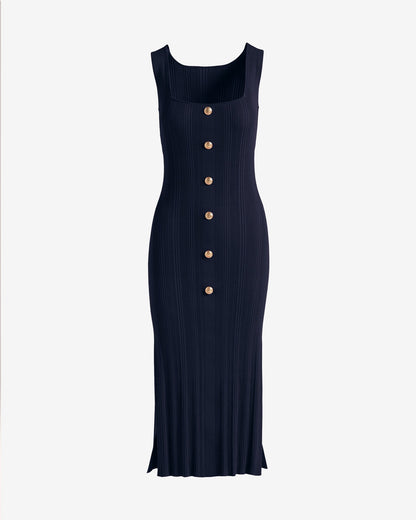 Crested Button Sweater Dress Navy