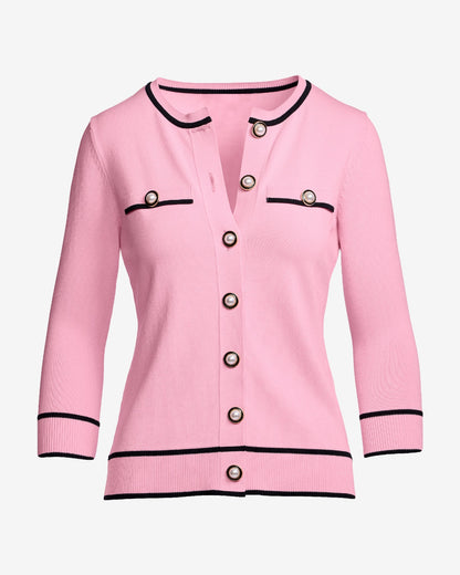 Colorblock Pearl Button Pullover Sweater Pink/Black