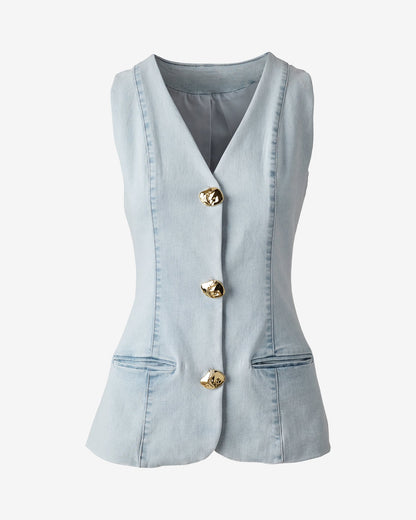 Button Front Stretch Denim Vest Light Wash Denim