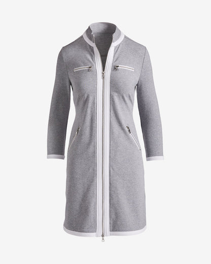 Chic Zippered Three Quarter Sleeve Dress Heather Gray/White