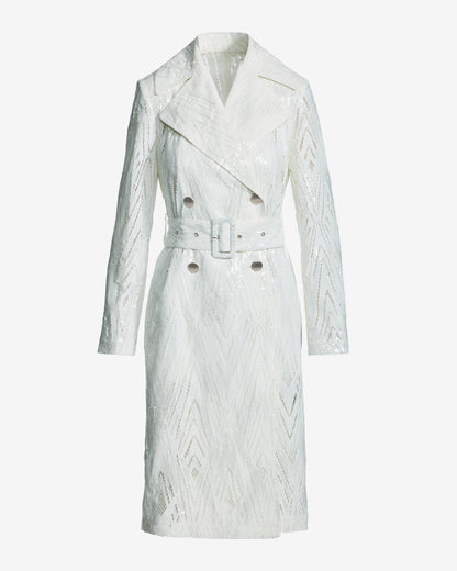 Clear Sequin Coated Lace Feminine Trench Coat White
