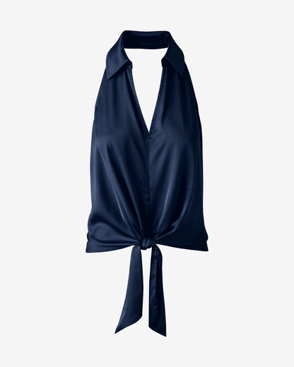 Collared Halter Tie Front Charmeuse Top Navy