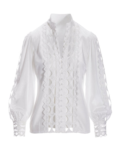Cutout Lace Button Up Shirt White