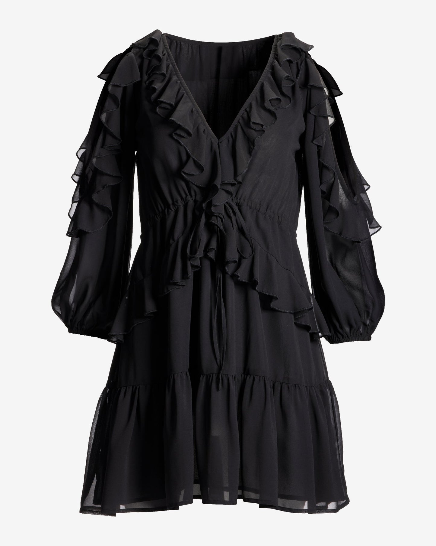 Cold Shoulder Ruffle Detail Boho Peasant Dress Black
