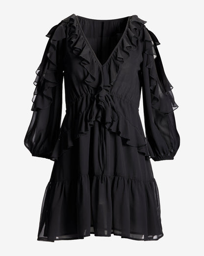 Cold Shoulder Ruffle Detail Boho Peasant Dress Black