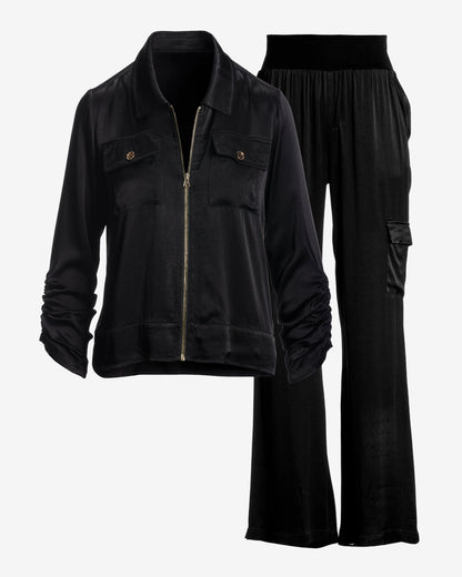 Charmeuse Utility Zip Wide Leg Cargo Set Black