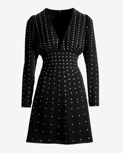 Crystal Embellished V Neck A Line Dress Black