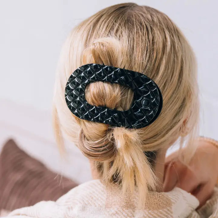 Large Flat Round Hair Clip (Jet Black Quilted)