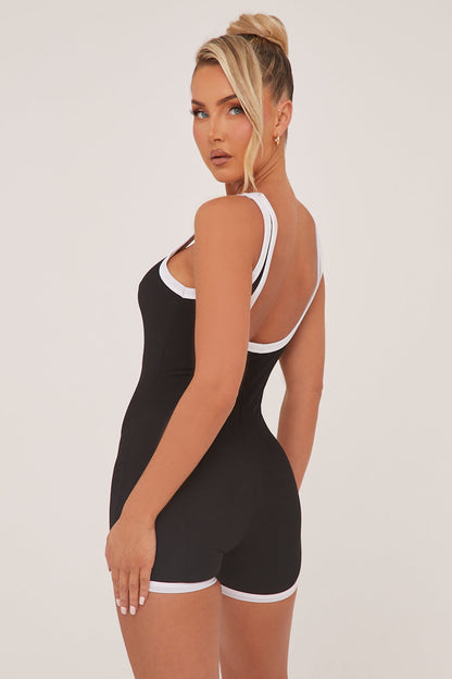 Black Contrast Binding Scoop Neck Unitard - Myra
