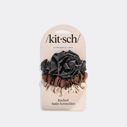 Rosette Ruched Satin Scrunchies (Black)