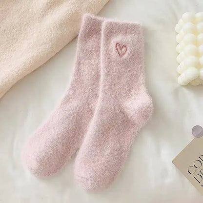 Heart Embroidered Fuzzy Socks