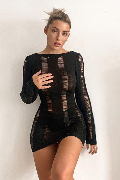 Black Distressed Backless Knitted Mini Dress - Belva
