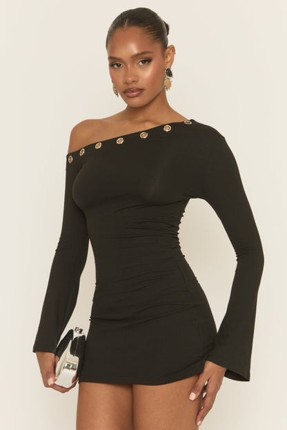 Black Eyelet Trim Asymmetric Mini Dress - Evia