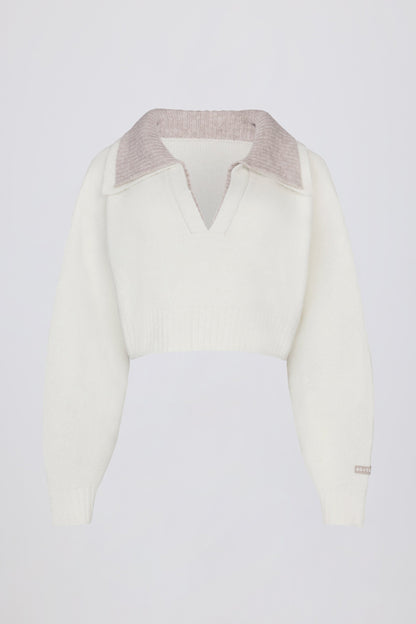 Soft Knit Layered Collar Cropped Jumper in Ivory