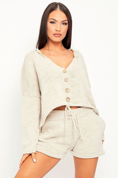 Beige Knit Hoodie Cardigan + Shorts Co-ord - Esther