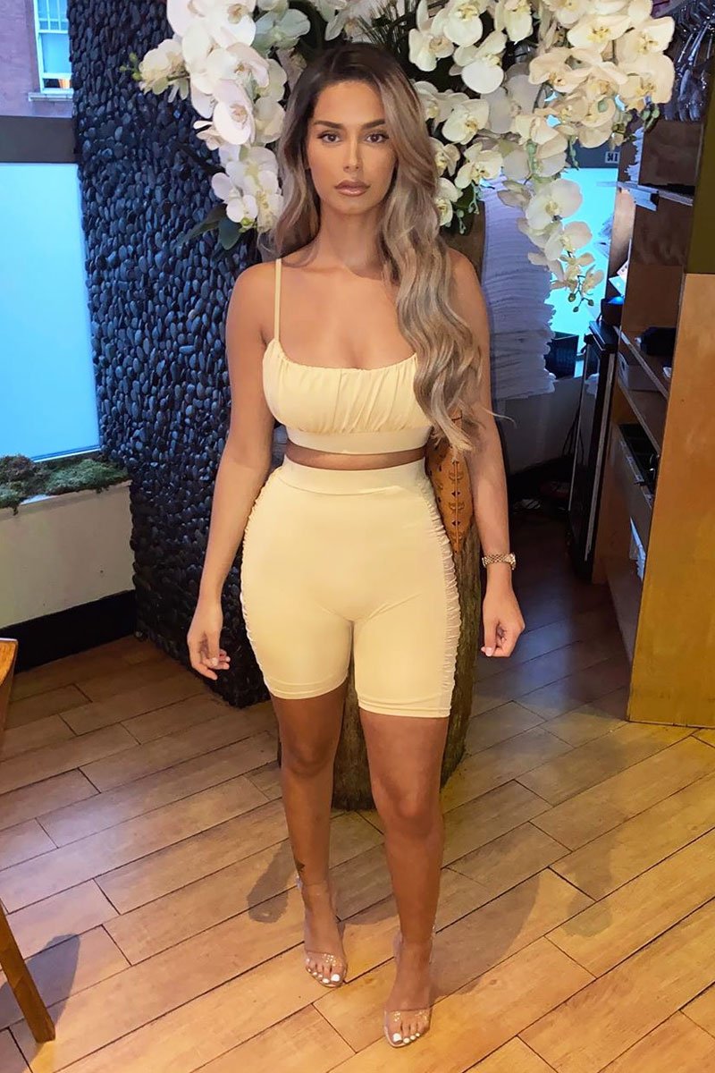 Beige Ruched Panel Crop Top + Cycling Shorts Co-ord - Zariah