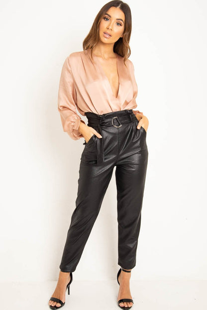 Black Coated Belted Tapered Trousers - Reyna