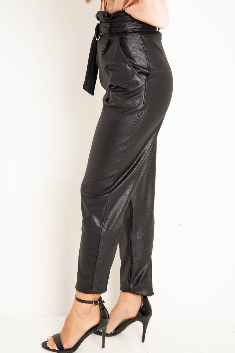 Black Coated Belted Tapered Trousers - Reyna