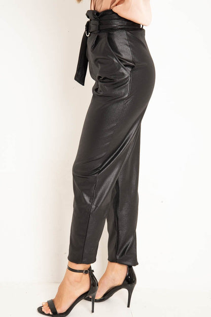 Black Coated Belted Tapered Trousers - Reyna