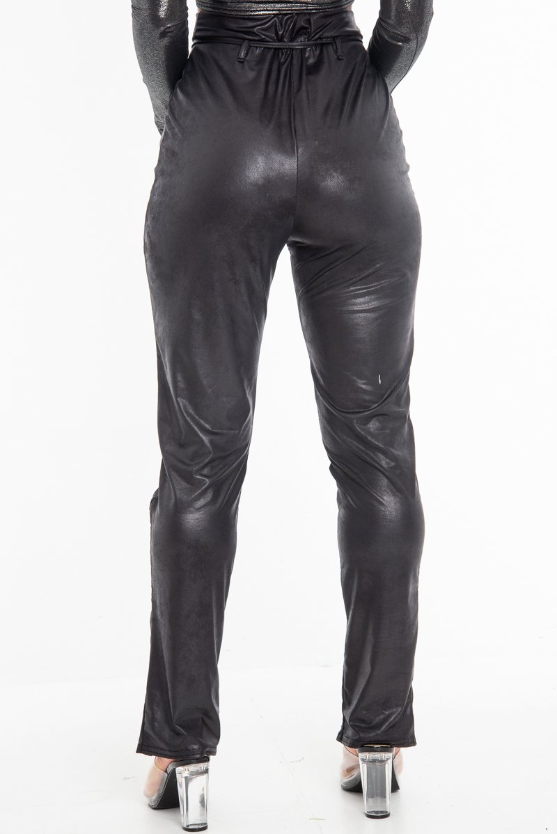 Black Coated Button Front Belted Skinny Trousers - Jade