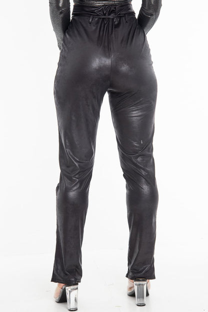 Black Coated Button Front Belted Skinny Trousers - Jade