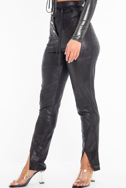 Black Coated Button Front Belted Skinny Trousers - Jade